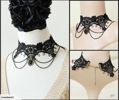 Vintage Black Gemstone Lace Crochet Necklace Gothic Punk Jewellery 1613910