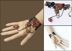 Vintage Black Gothic Steampunk Red Ruby Gemstone Lace Crochet Bracelet 1614060