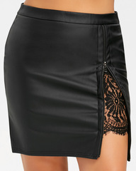 Sexy Black PU Leather Zip Down Floral Lace Mini Skirt Sz18-20 F0867BK8