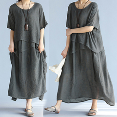 Fashion Grey Oversized Linen Layered Tunic Long Dress 4009350