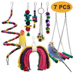7pcs Wooden Bird Toy Parrot Cage Bells Swing Chewing Swing Toys I0610MZ0